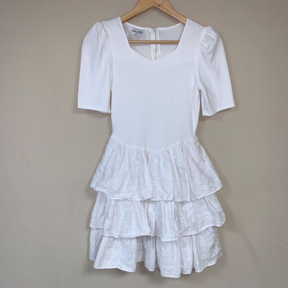 Vintage Dress 80s 90s Girl's 14 Puff Sleeve White Lace Ruffle Tired Dance Party